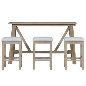 TREXM Multipurpose Home Kitchen Dining Bar Table Set with 3 Upholstered Stools(Natural Wood Wash)