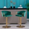 Set of 2 Bar Stools,with Chrome Footrest and Base Swivel Height Adjustable Mechanical Lifting Velvet + Golden Leg Simple Bar Stool-Green