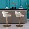 Set of 2 Bar Stools,with Chrome Footrest and Base Swivel Height Adjustable Mechanical Lifting Velvet + Golden Leg Simple Bar Stool-Ivory