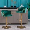 Set of 2 Bar Stools,with Chrome Footrest and Base Swivel Height Adjustable Mechanical Lifting Velvet + Golden Leg Simple Bar Stool-Green