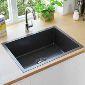 Handmade Kitchen Sink with Strainer Black Stainless Steel (Color: Black)